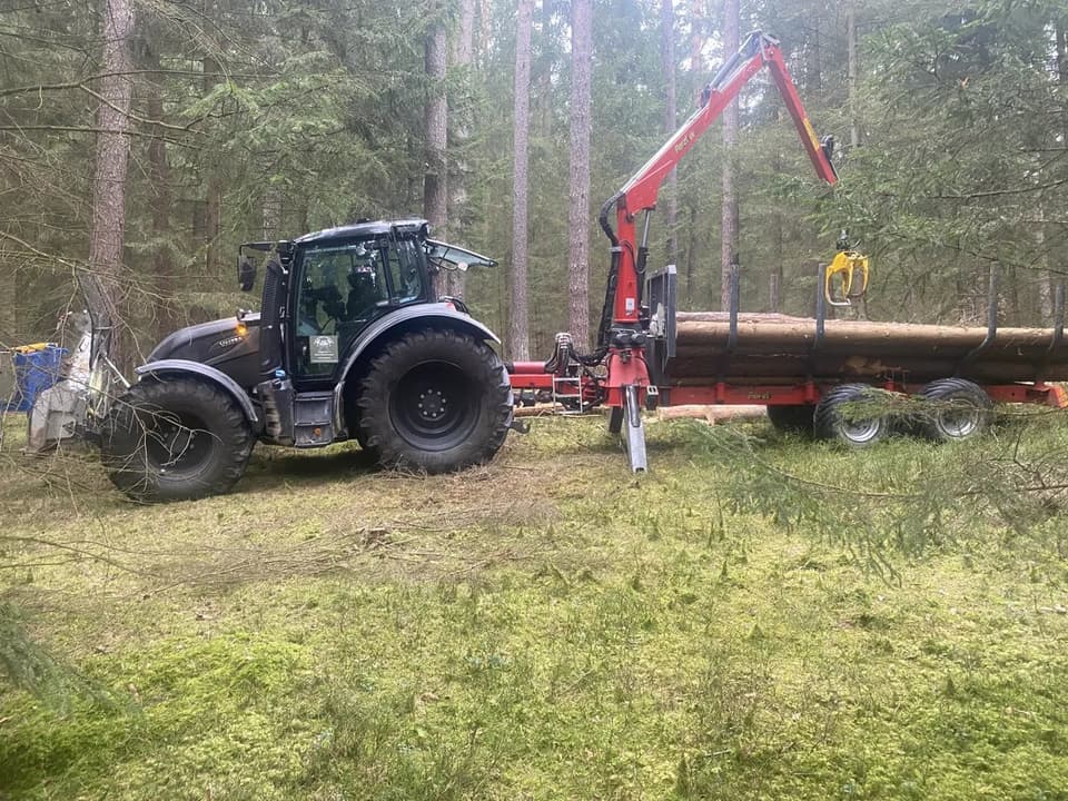 Traktor mit Kran und Rungenwagen voller Baumstämme im Wald – Thomas Zinkl Forstbetrieb und Baumpflege